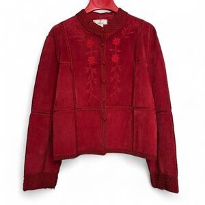 Vintage Red Suede Crochet Patchwork Coat Jacket Size XL Floral Embroidery